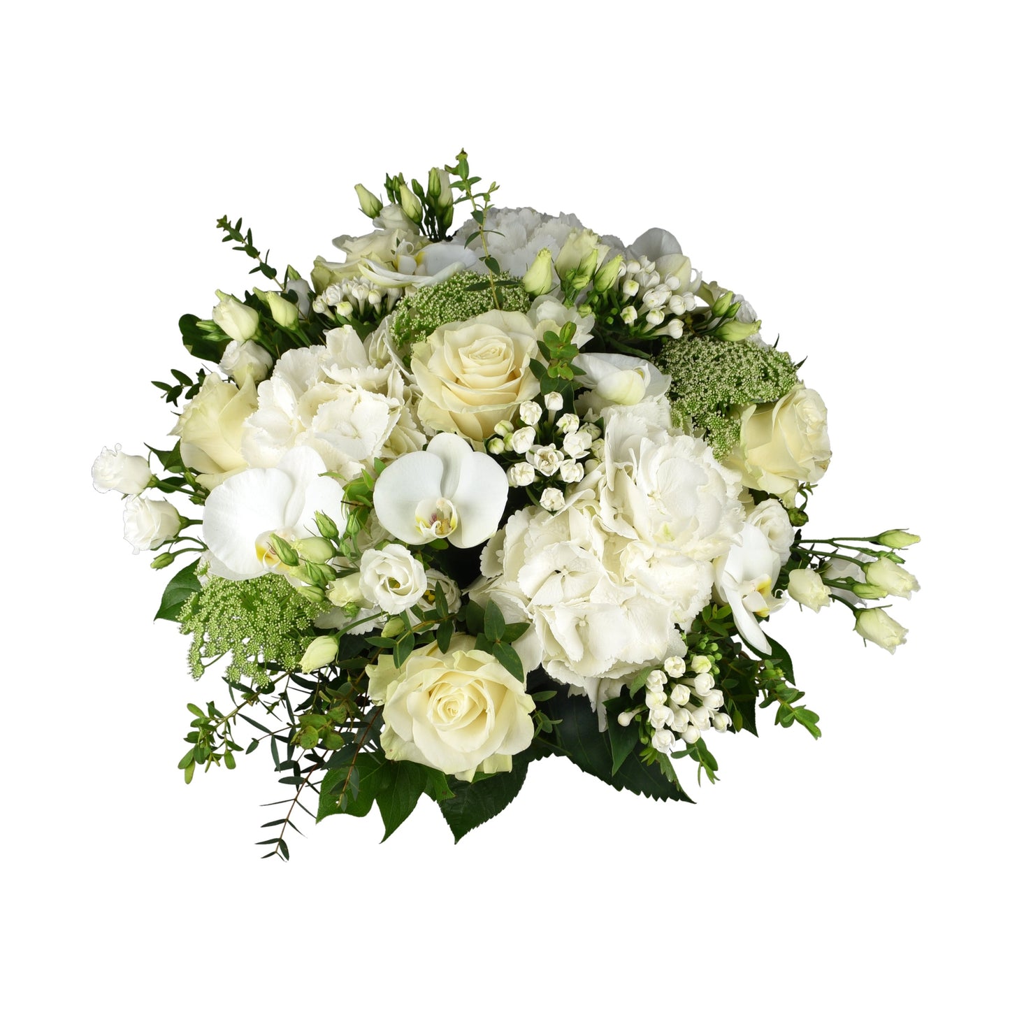 A hand-tied bouquet of white hydrangea, white bouvardia, white roses, white phalaenopsis, white ammi, and white eustoma with greenery.