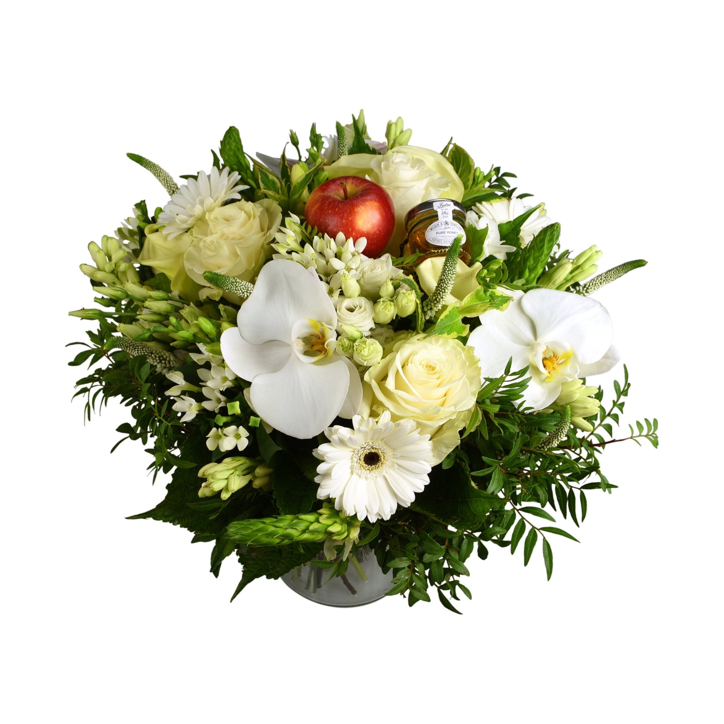 A luxury hand tied all white bouquet containing hydrangea, roses, bouvardia, eustoma, and a selection of greenery.