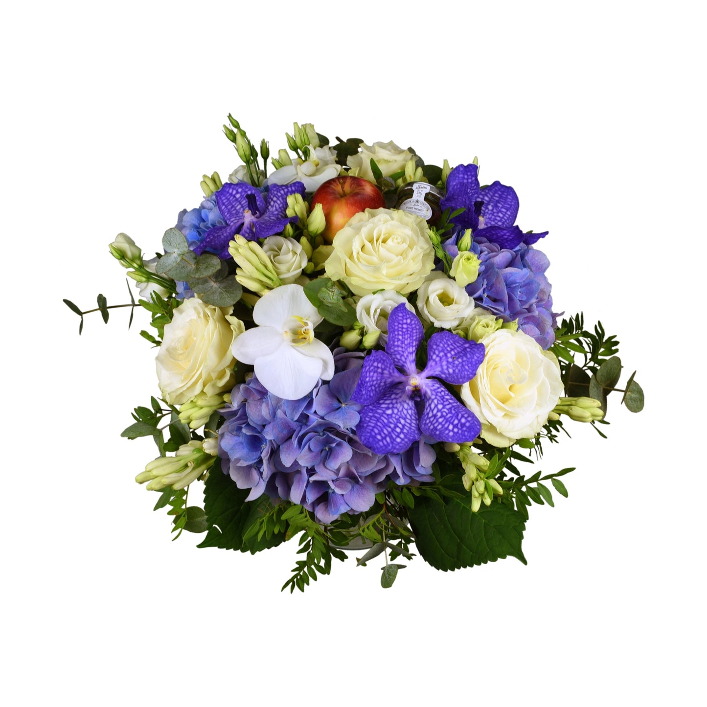 A hand-tied bouquet featuring blue and white flowers including Hydrangea, Vanda, rose, and eustoma, with greenery and orchids.