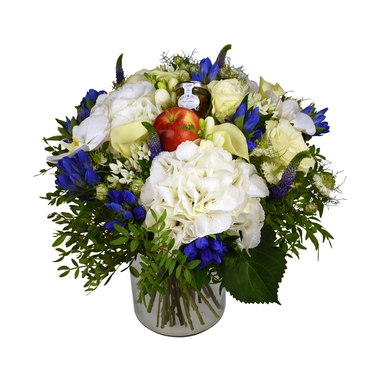 An exquisite bouquet of white and blue flowers including gentiana, hydrangea, veronica, bouvardia, phalaenopsis, and roses, with a selection of greenery.