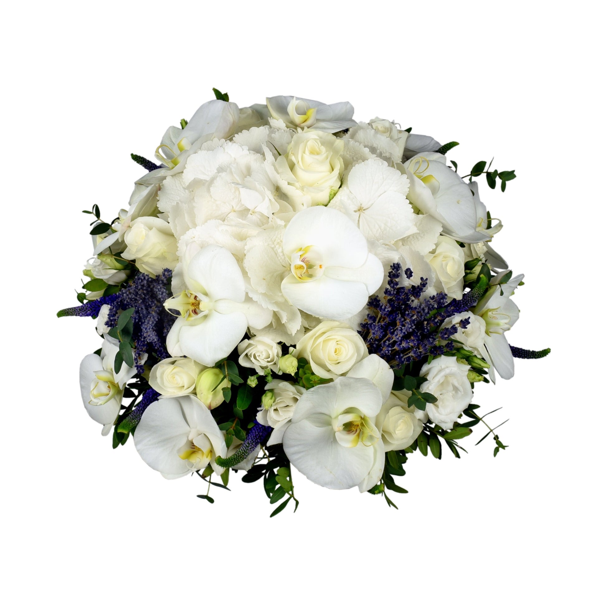 A ceramic dish with a lush arrangement of white roses, orchids, eustomas, hydrangea, freesia, freeze-dried lavender, and pistachio for greenery.