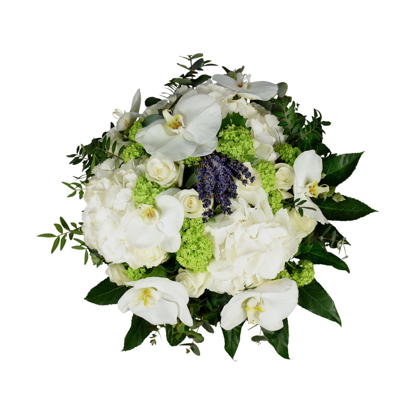 A hand-tied bouquet featuring white phalaenopsis, white hydrangea, white roses, green viburnum, pistachio, and cinerea flowers.