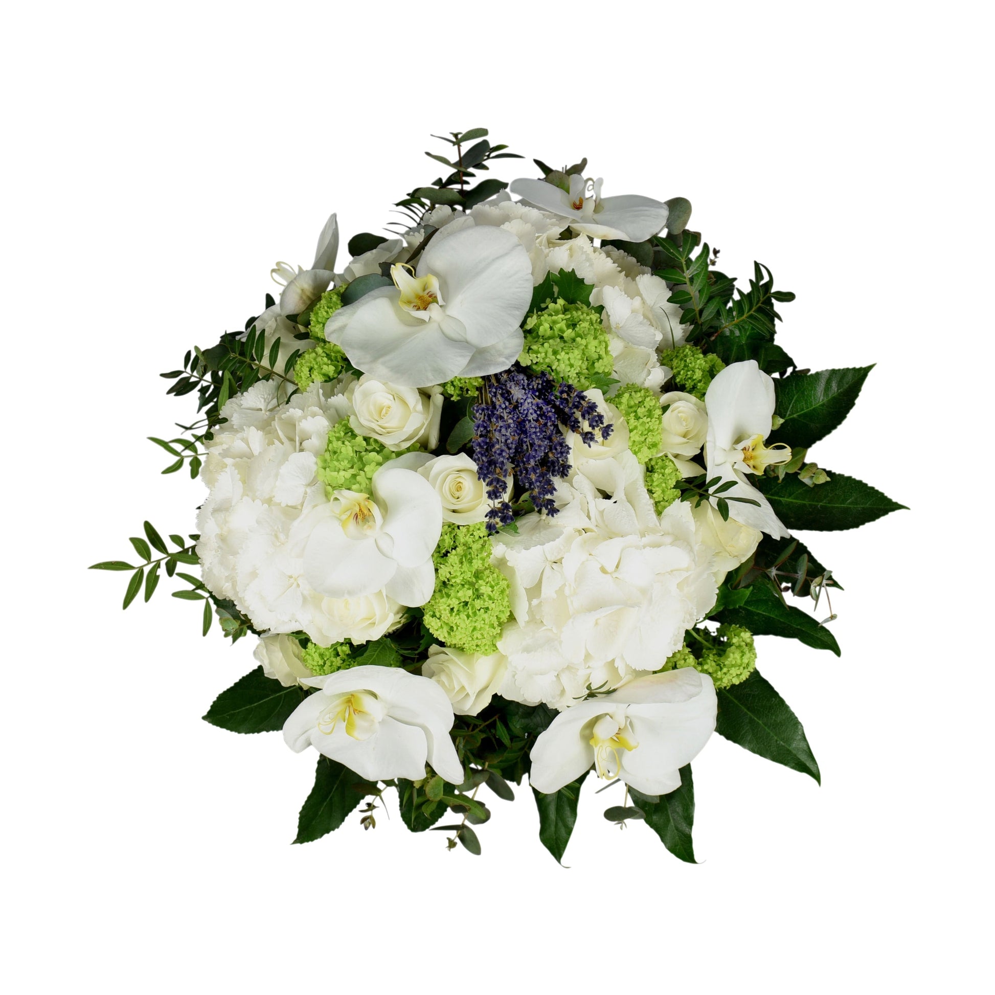 A hand-tied bouquet featuring white phalaenopsis, white hydrangea, white roses, green viburnum, pistachio, and cinerea flowers.