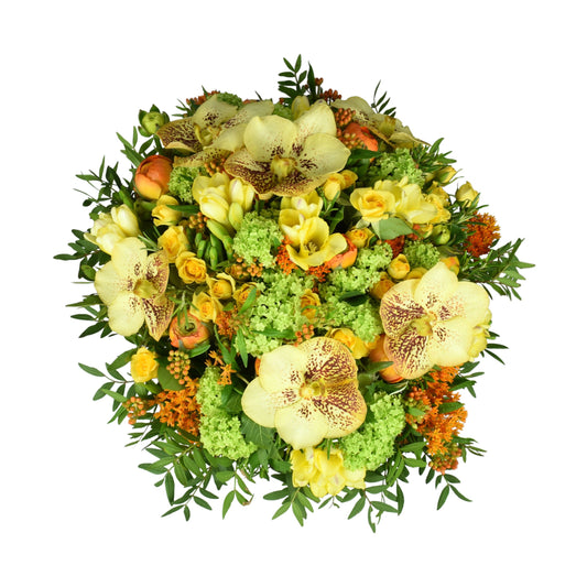 A hand-tied bouquet with yellow vanda orchids, yellow freesia, orange ranunculas, yellow spray roses and green viburnum.
