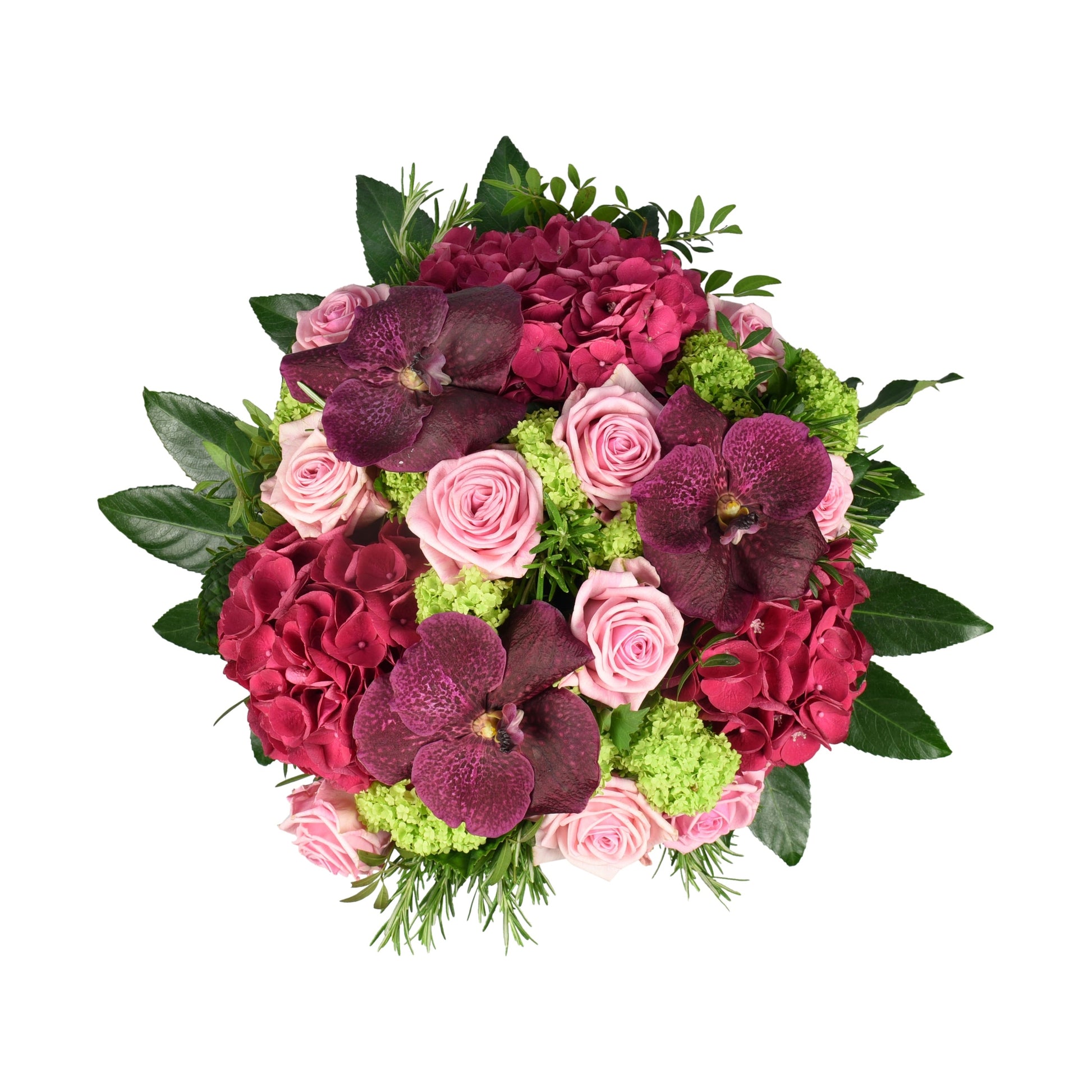 A hand-tied bouquet featuring large headed pink roses, cerise vanda orchid, hydrangea, and green viburnum leaves, arranged with rosemary and pistachio.