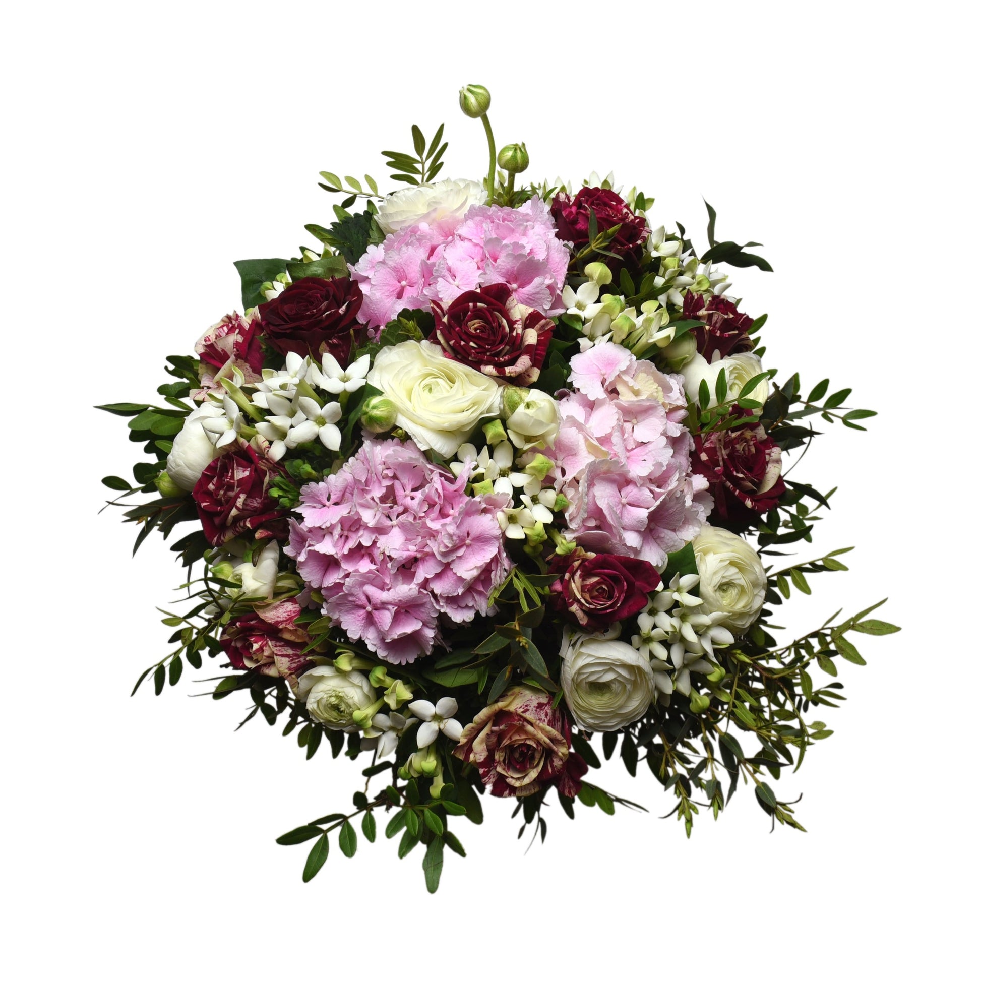 A hand-tied bouquet featuring deep antique pink roses, pink peonies, pink hydrangeas, pink syringe, and pink gerberas, complemented by green pistachio and eucalyptus leaves.