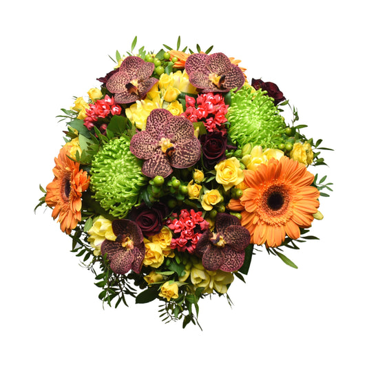 A vibrant hand-tied bouquet featuring a red vanda orchid, yellow freesia, orange gerbera, yellow spray roses, red bouvardia, green shamrock, and hypericum.