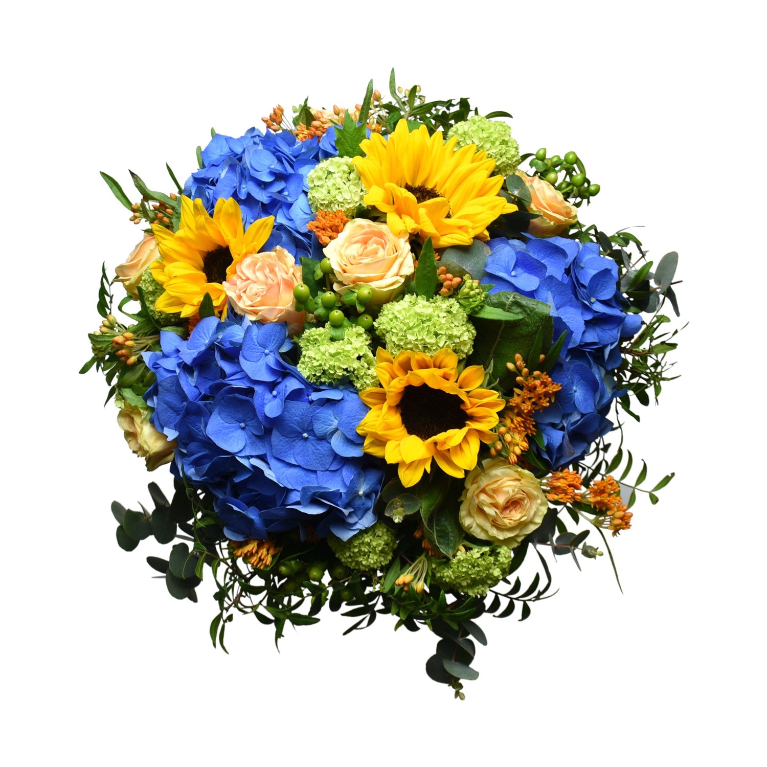 A vibrant summer bouquet with a mix of blue hydrangeas, yellow sunflowers, pink roses, green hypericum, and a variety of foliage.