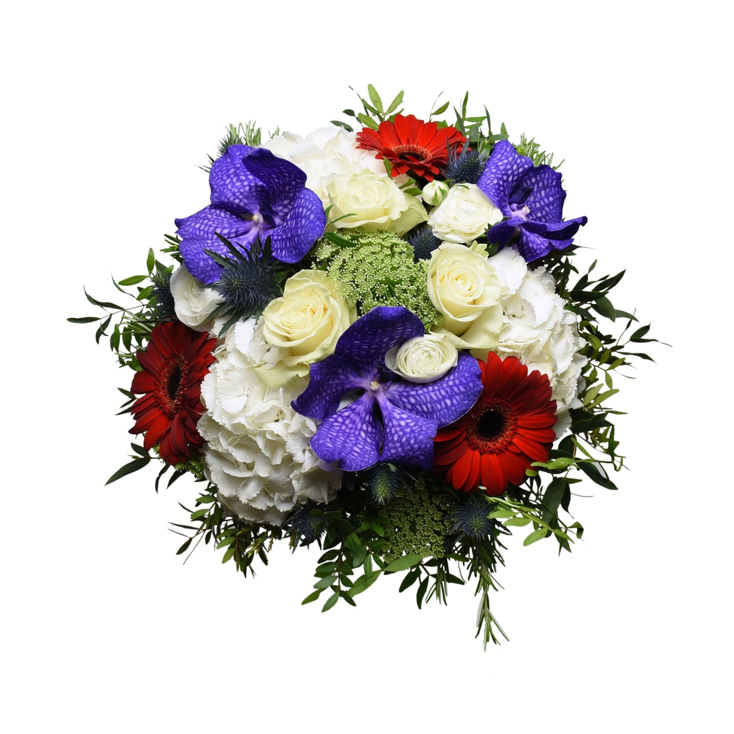 A vibrant hand-tied mixed bouquet featuring white roses, white hydrangea, blue vanda orchid, red gerbera, and ammi with pistachio greenery.