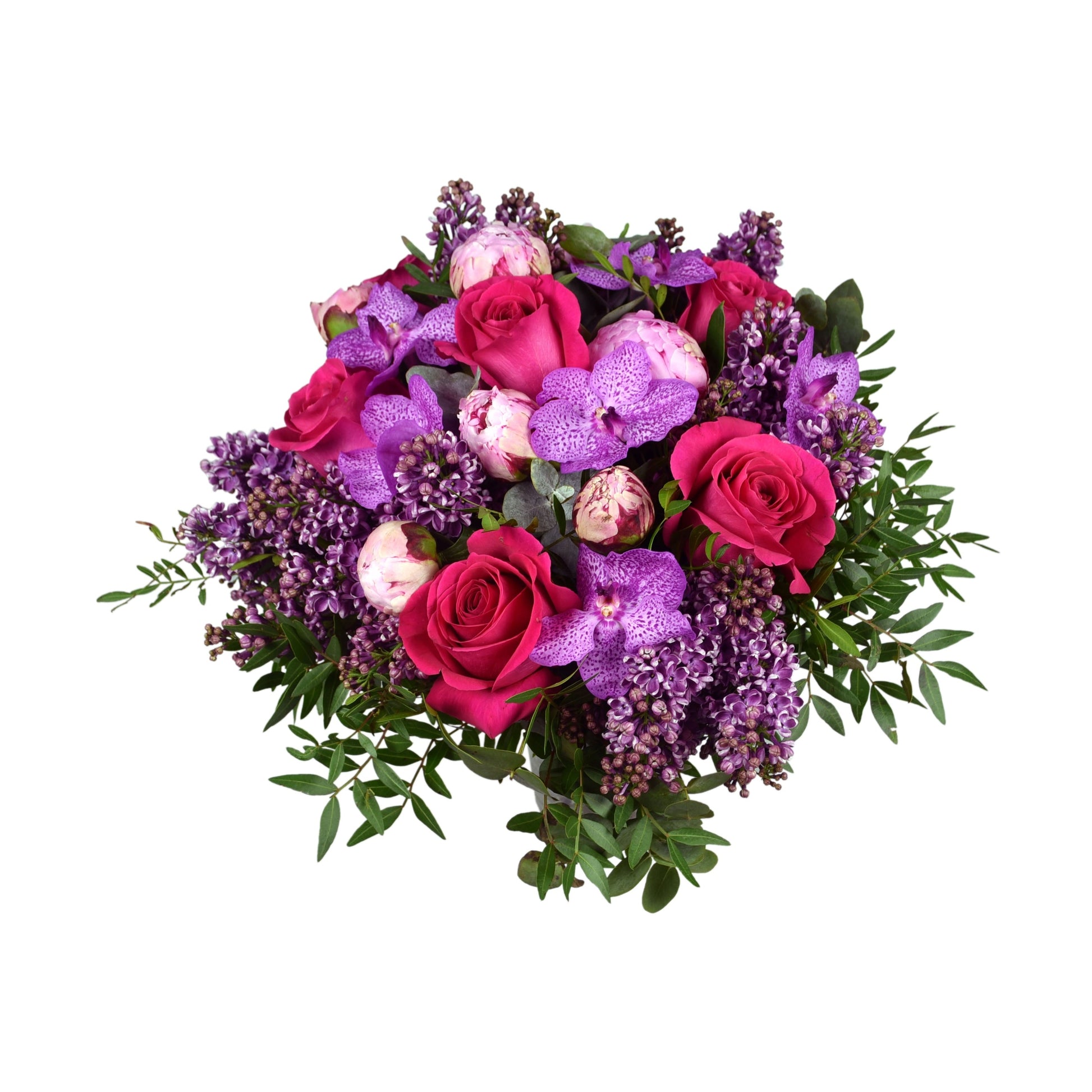 A hand-tied bouquet featuring large headed pink roses, pink vanda orchid, pink peonies, and syringe flowers with green foliage.