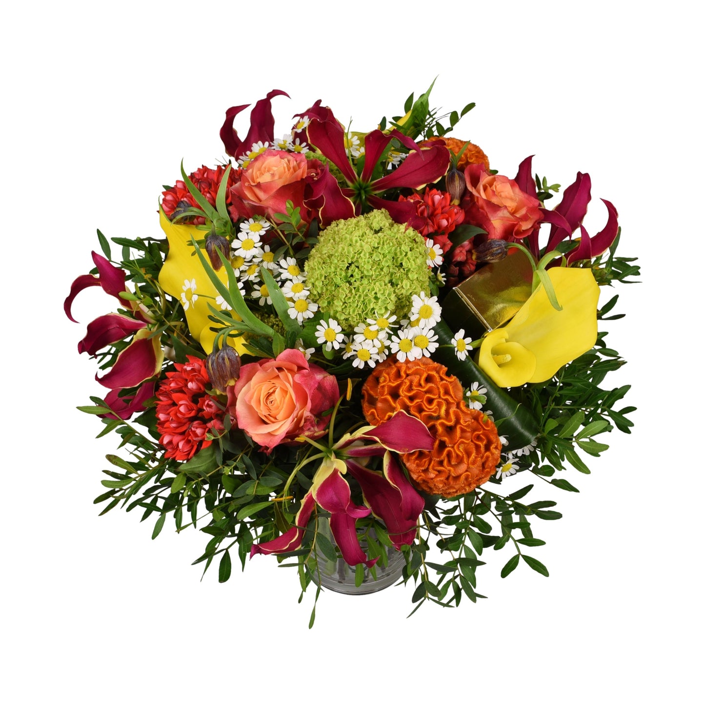 A vibrant luxury mixed summer bouquet hand tied, featuring a colorful assortment of flowers including roses, celosia, zantedeschia, camomile, gloriosa, and viburnum, with a selection of foliage.