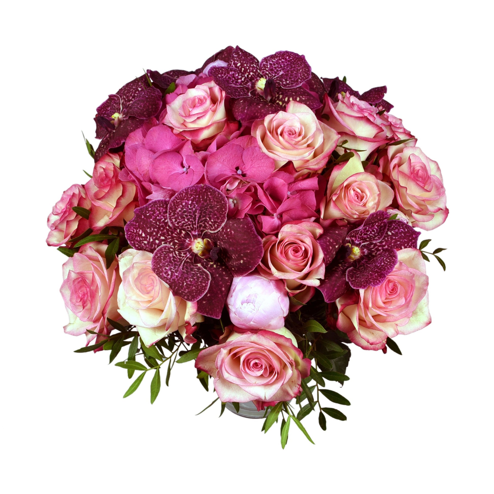 A hand-tied bouquet of luxurious large-headed roses in shades of pink, with deep pink vanda orchids and pink hydrangea.