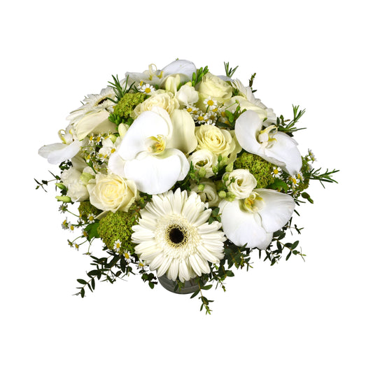 A luxury fresh flower bouquet featuring white phalaenopsis, white roses, white eustoma, white tanacetum, white freesia, alchemila, and pistachio.