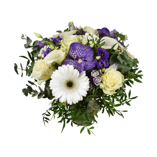 A hand tied bouquet featuring blue eustomas, blue vanda, white bouvardia, white gerbera, and cream roses with green leaves.