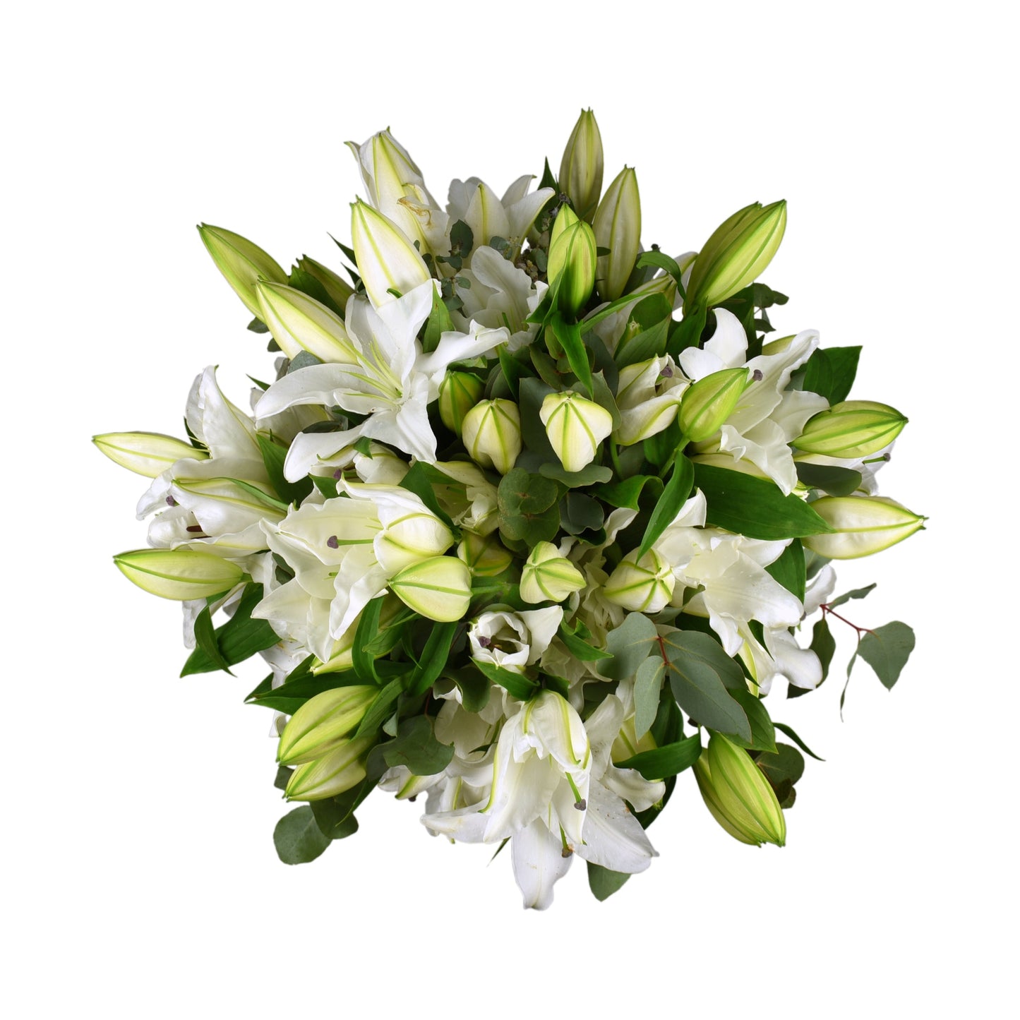 A bouquet of white oriental lilies with green leaves and stems.