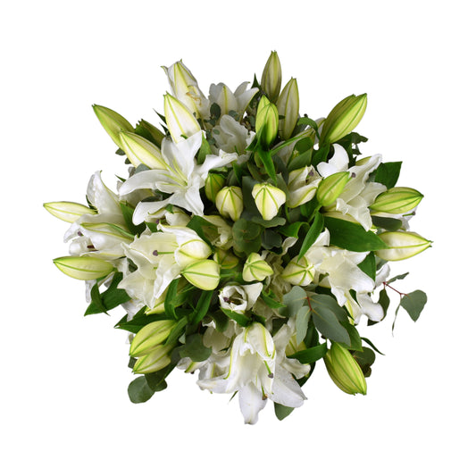 A bouquet of white oriental lilies with green leaves and stems.