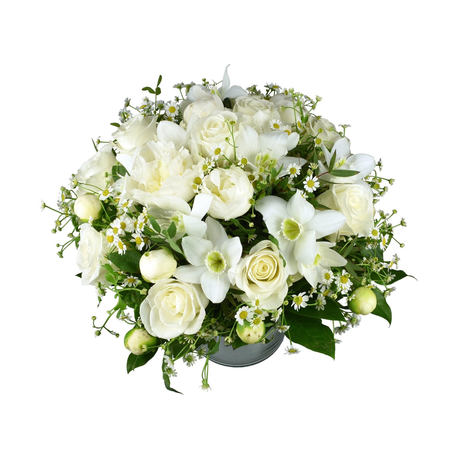 A spring bouquet consisting of white peony, white eucharis, white rose, and white camomile flowers with green foliage.