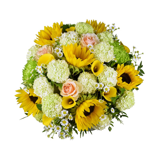 A vibrant mixed summer bouquet featuring sunflowers, white flowers, and greenery, tied together.
