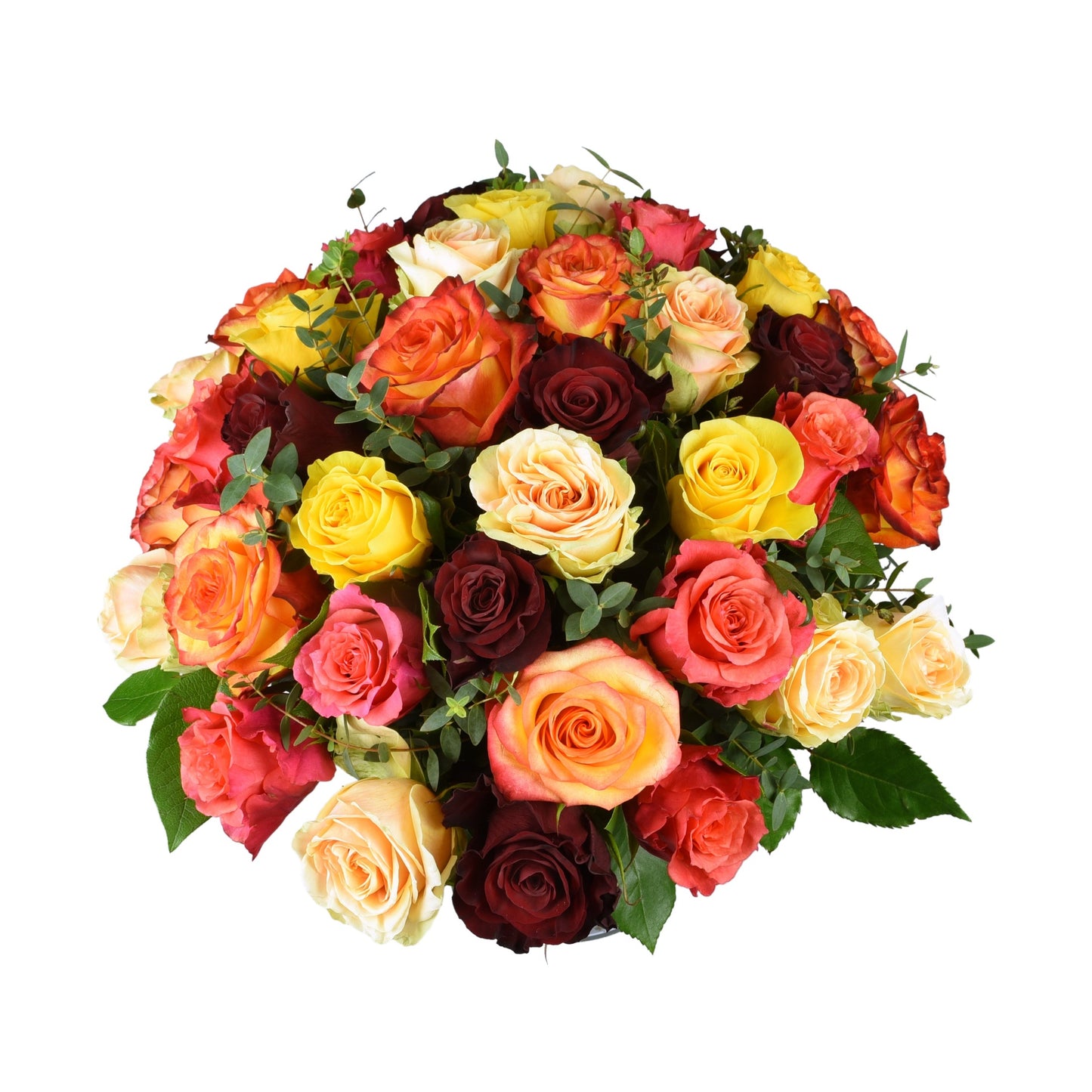 A hand tied bouquet of luxury mixed roses in various colors including red, yellow, pink, and white.
