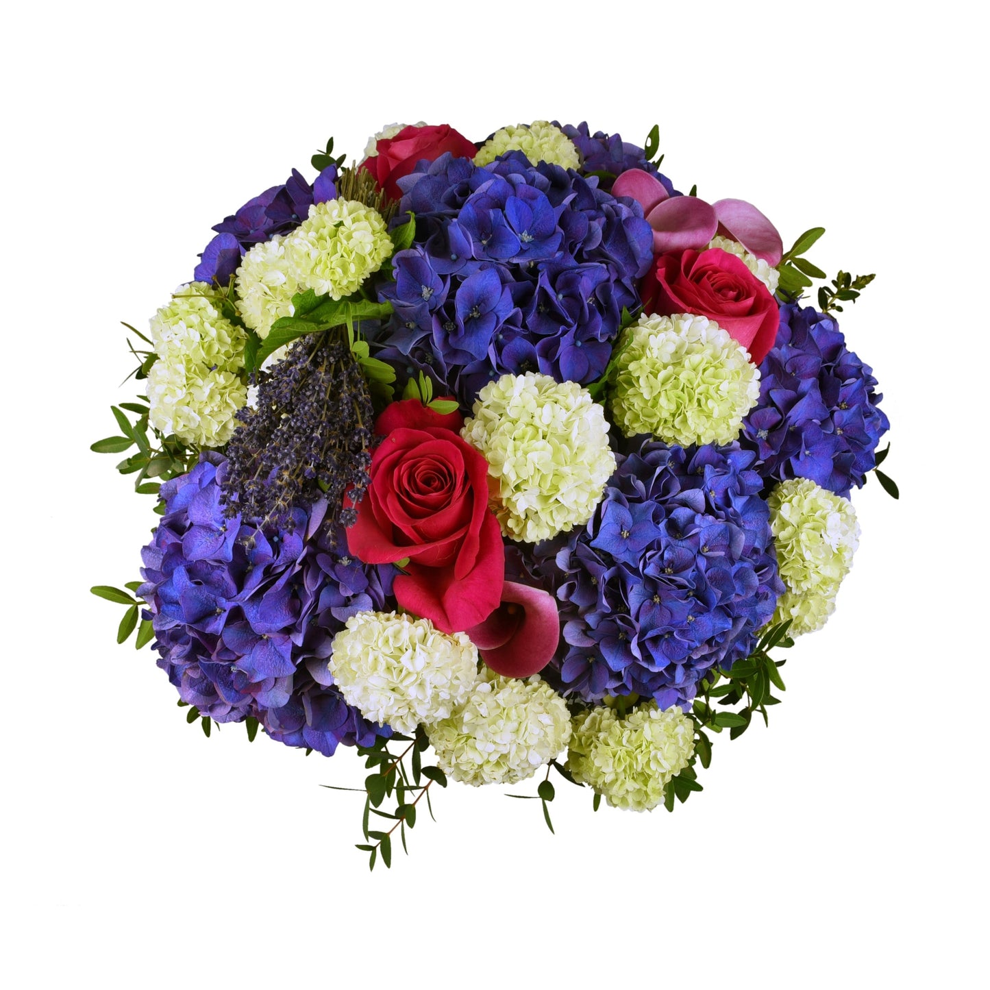 A hand-tied bouquet featuring blue hydrangea, pink roses, green viburnum, white and pink zantedeschia, and freeze-dried lavender with greenery.