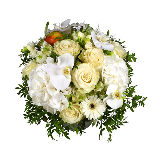 An all white and green fresh flower hand-tied bouquet containing hydrangea, rose, gerbera, freesia, phalaenopsis orchid and veronica.