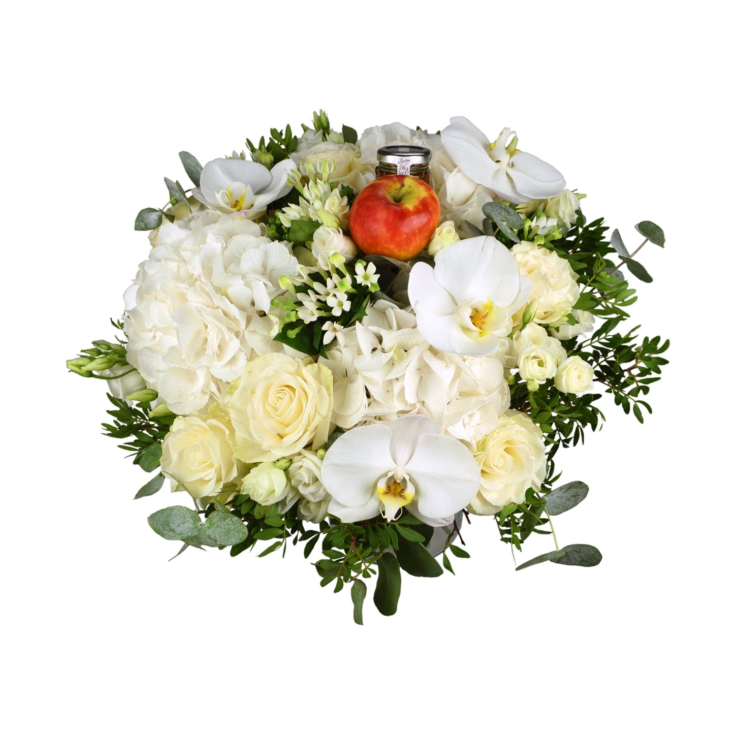 A hand-tied bouquet consisting of white hydrangea, white roses, white bouvardia, and white eustoma with greenery.
