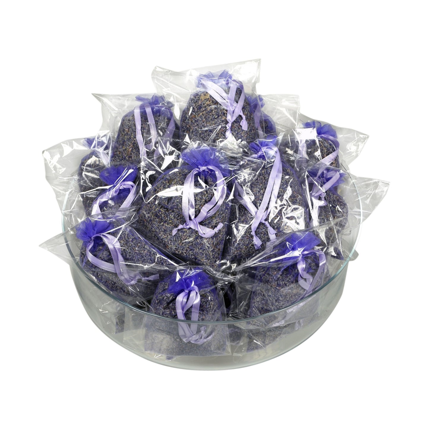 A glass bowl filled with individual sachets of freeze-dried lavender.