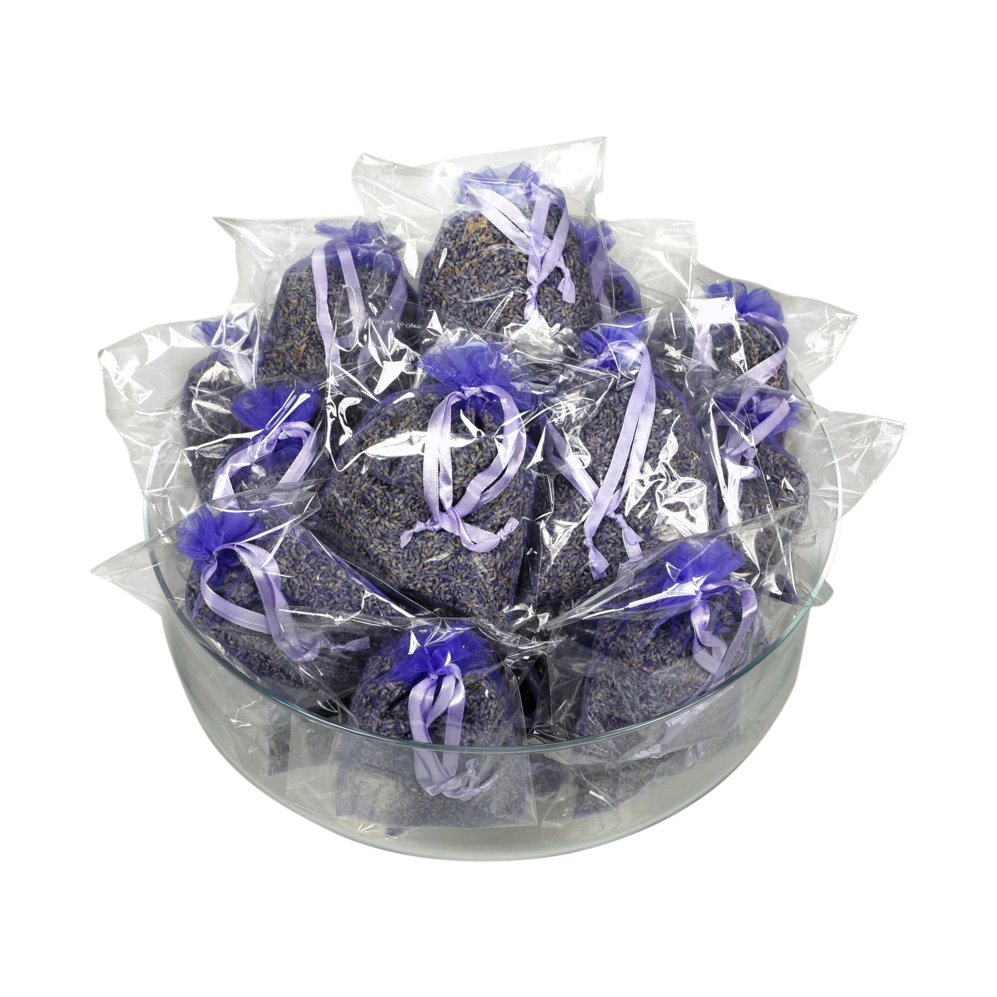A glass bowl filled with individual sachets of freeze-dried lavender.