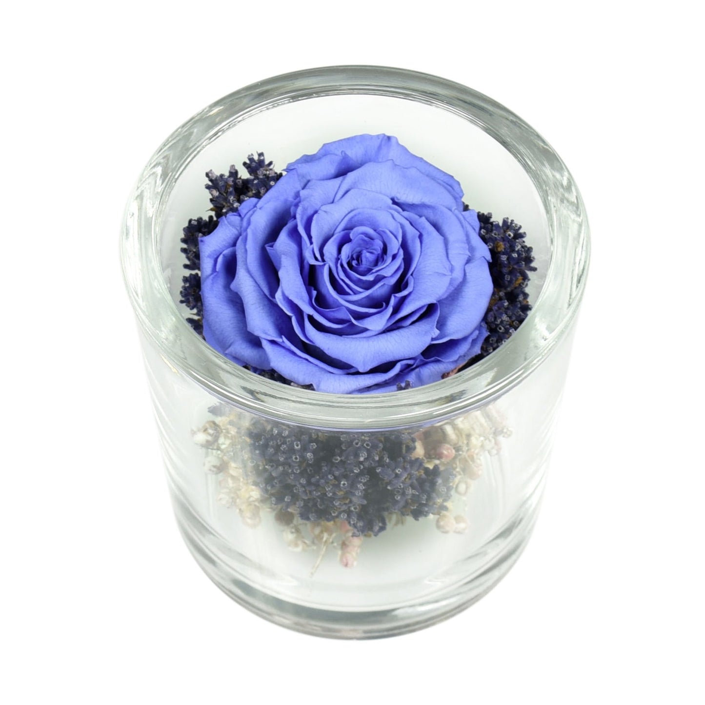 A preserved lilac rose arranged in a clear glass container with freeze-dried flowers, closed with a lid.
