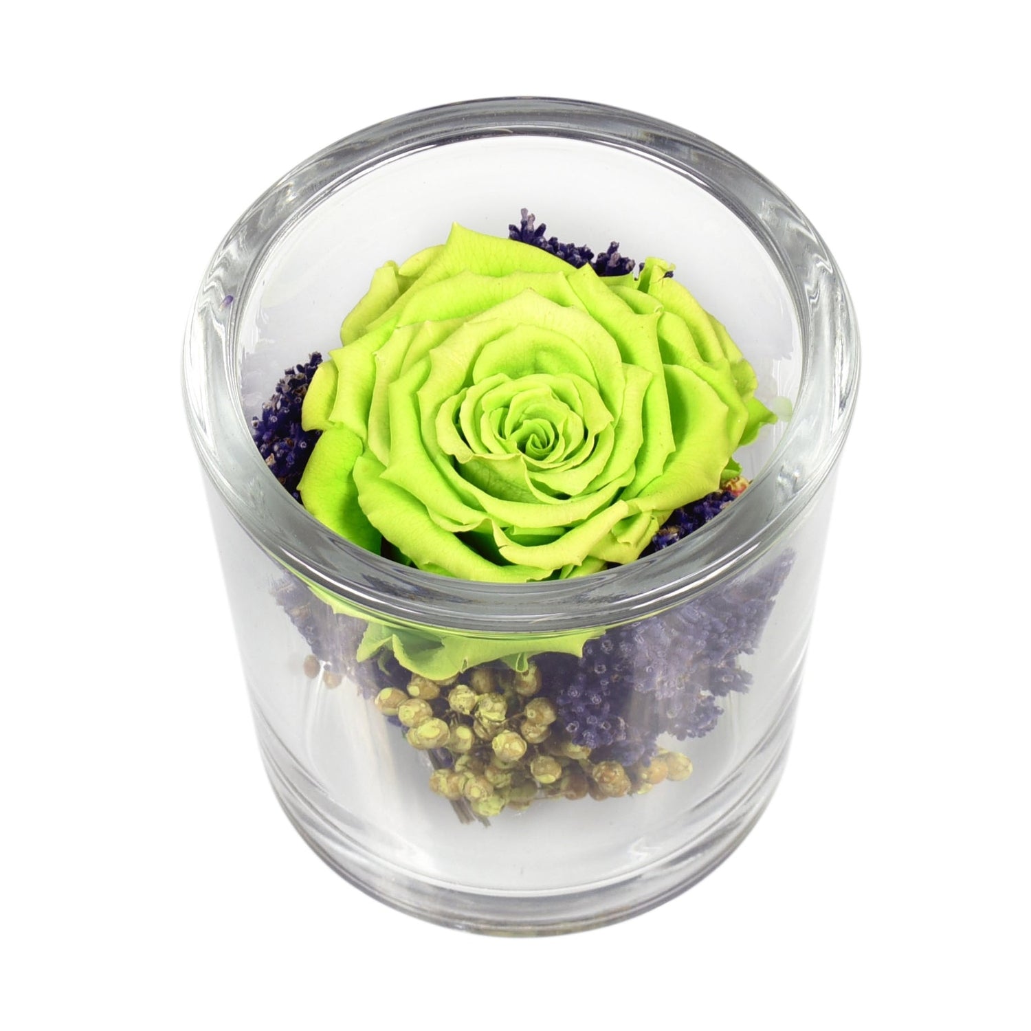 An apple green preserved rose arranged in a clear glass container with freeze-dried flowers, presented on a white background.