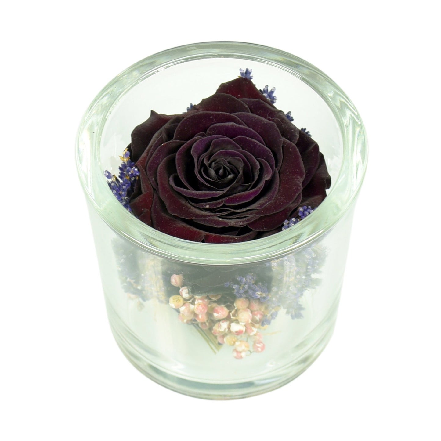 A preserved dark-colored rose arranged in a clear glass container with a white base.