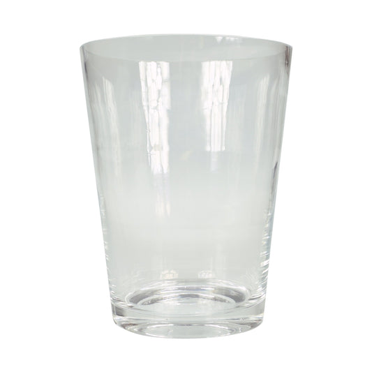 A clear glass vase with no flowers or decorations, suitable for holding bouquets.
